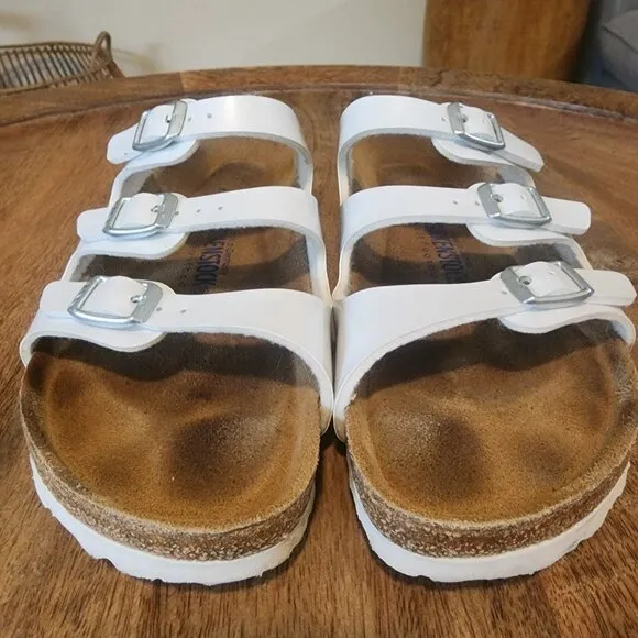 Birkenstock White  Leather Florida 3 Buckle Slide Sandals Womens 6 / EU 39
