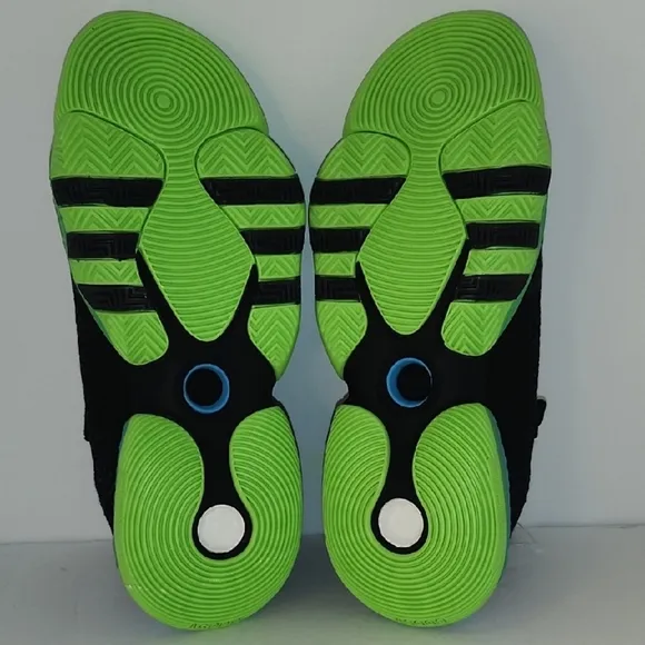 Black and Blue Athletic Sneakers with Neon Green Soles