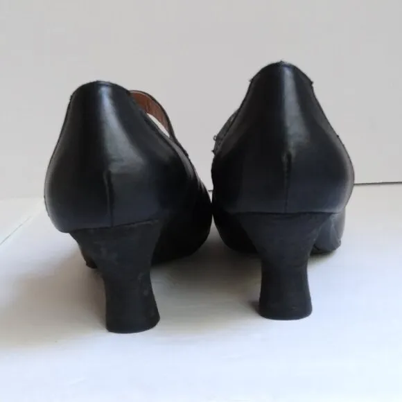 Black Leather Retro Baby Jane Teardrop Cut Outs Stacked French Heels Sz 6.5