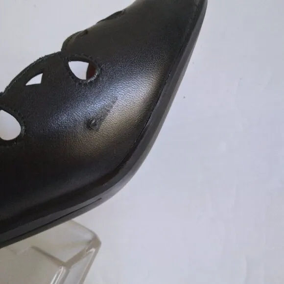 Black Leather Retro Baby Jane Teardrop Cut Outs Stacked French Heels Sz 6.5