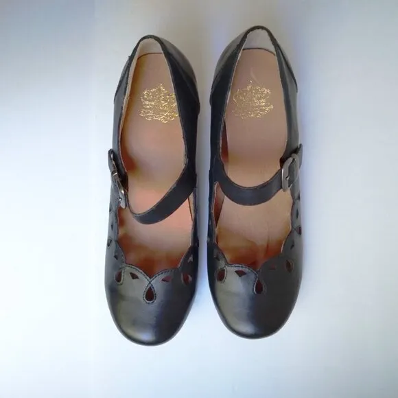 Black Leather Retro Baby Jane Teardrop Cut Outs Stacked French Heels Sz 6.5