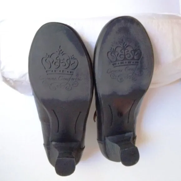 Black Leather Retro Baby Jane Teardrop Cut Outs Stacked French Heels Sz 6.5