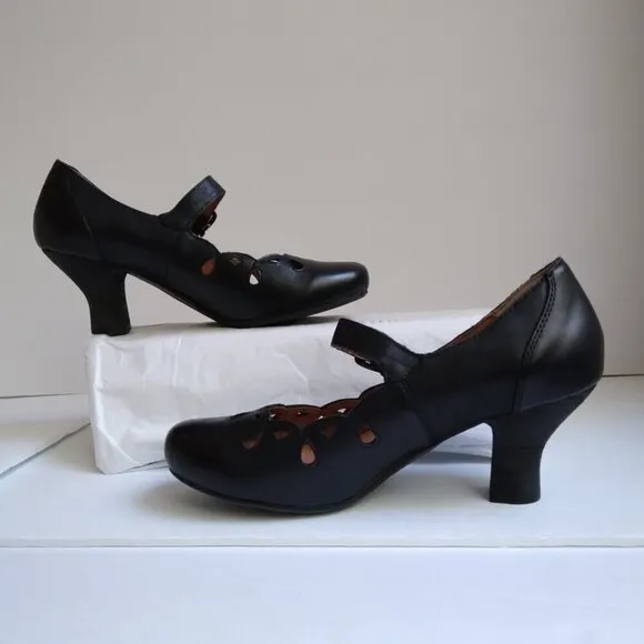 Black Leather Retro Baby Jane Teardrop Cut Outs Stacked French Heels Sz 6.5