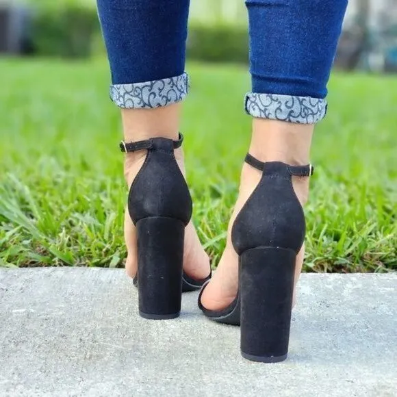 Black Suede Ankle Strap Block Heel Dress Sandals