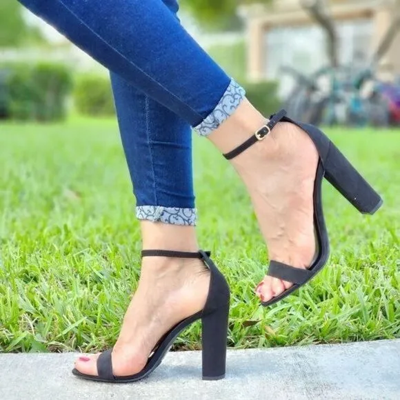 Black Suede Ankle Strap Block Heel Dress Sandals
