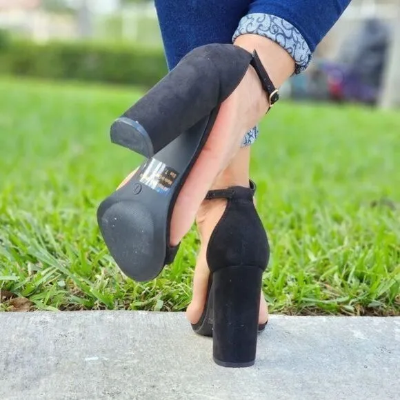 Black Suede Ankle Strap Block Heel Dress Sandals