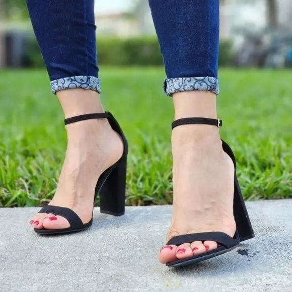 Black Suede Ankle Strap Block Heel Dress Sandals