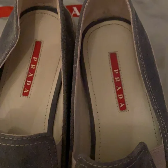 Blue suede Prada loafers, size 38.5 with dust bag!