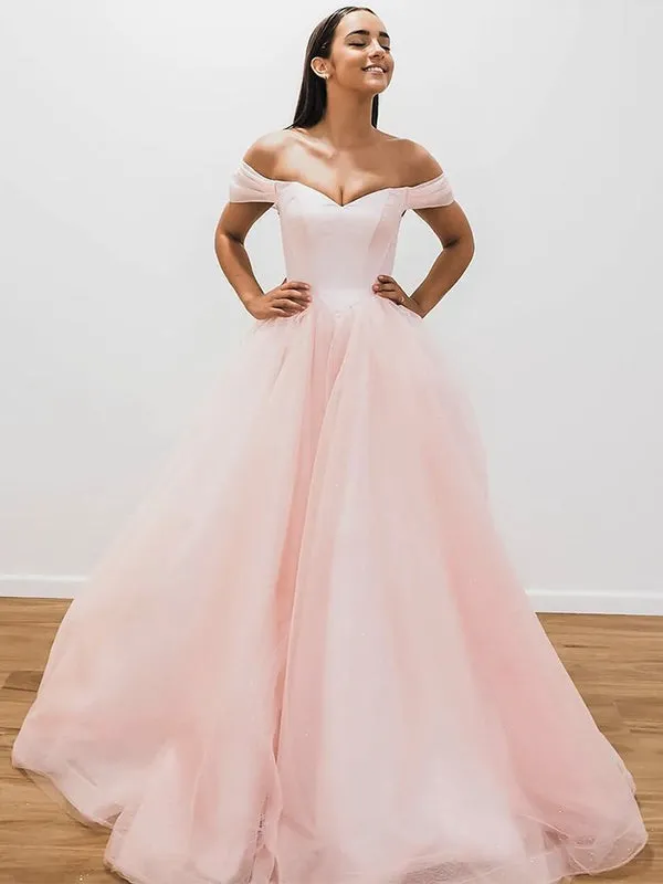 Blush Pink Off-shoulder V-neck Lace-up Back A-line Long Prom Dress, PD3474