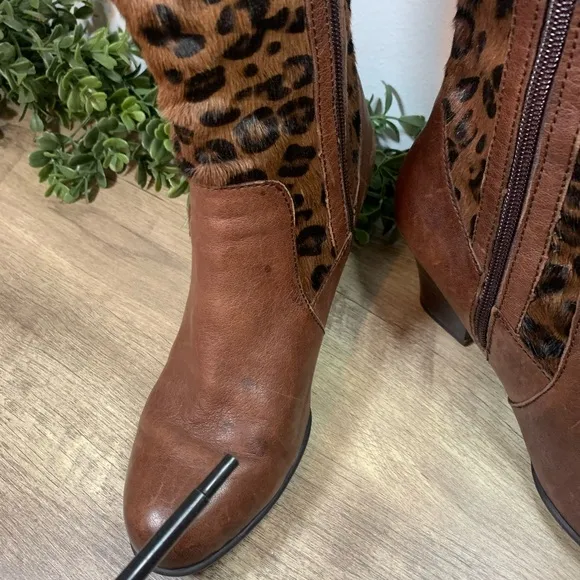 Born Leather Boots Ladies 7.5 Vintage w/Leopard Print Pony Hair Knee High