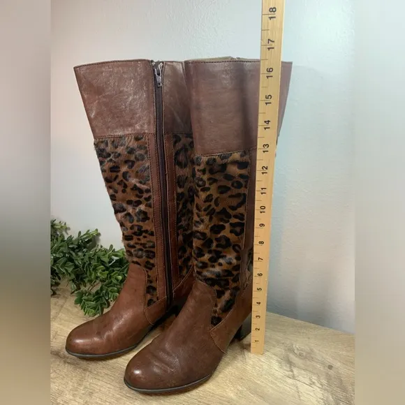 Born Leather Boots Ladies 7.5 Vintage w/Leopard Print Pony Hair Knee High