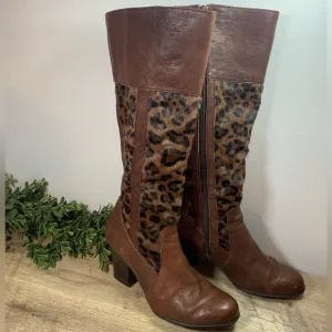 Born Leather Boots Ladies 7.5 Vintage w/Leopard Print Pony Hair Knee High
