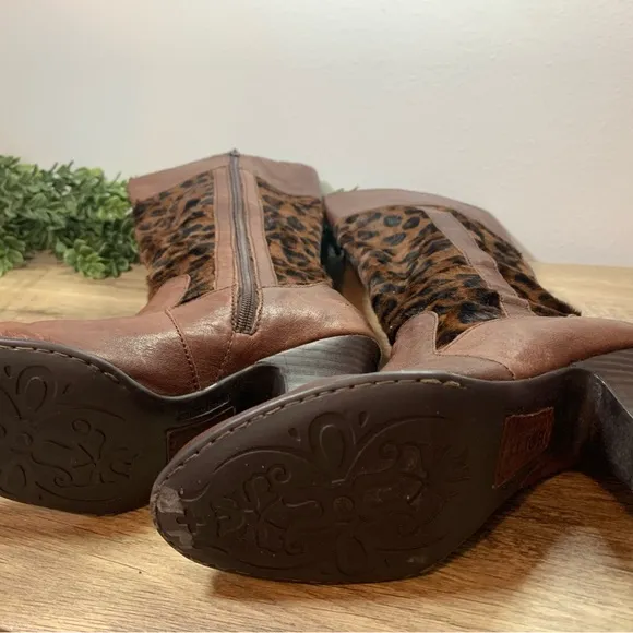 Born Leather Boots Ladies 7.5 Vintage w/Leopard Print Pony Hair Knee High