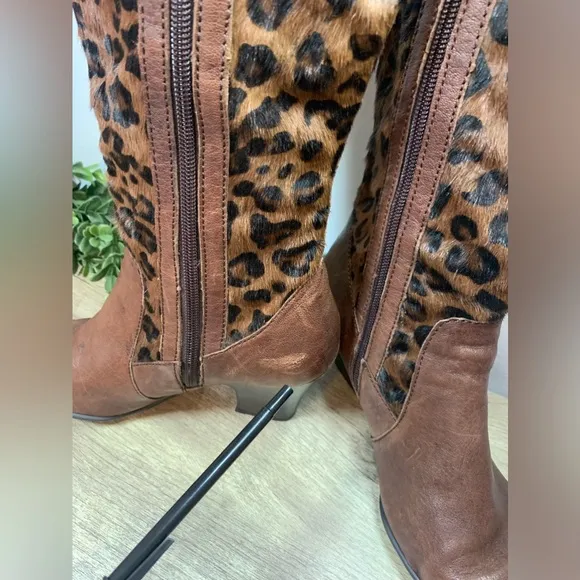 Born Leather Boots Ladies 7.5 Vintage w/Leopard Print Pony Hair Knee High