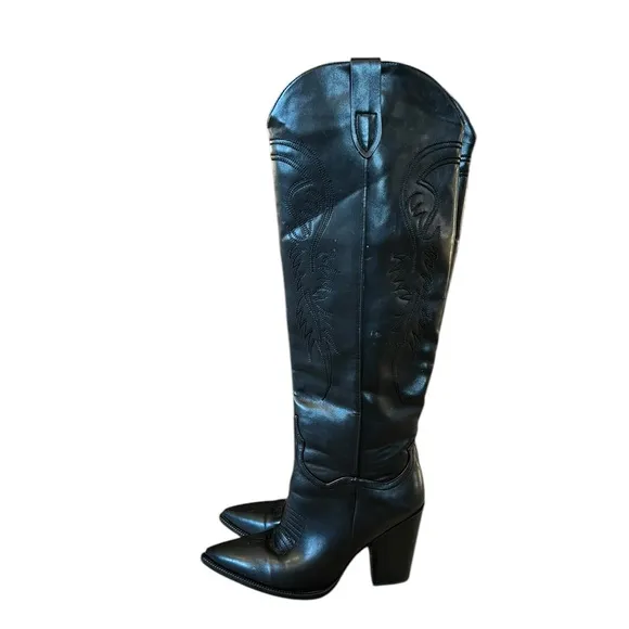 Boutique 10 Black Faux Leather Knee High Cowboy Boots Cowgirl Western Festival