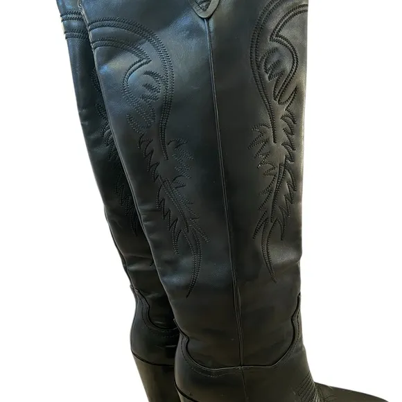 Boutique 10 Black Faux Leather Knee High Cowboy Boots Cowgirl Western Festival