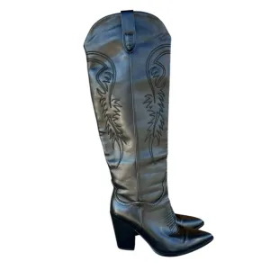 Boutique 10 Black Faux Leather Knee High Cowboy Boots Cowgirl Western Festival