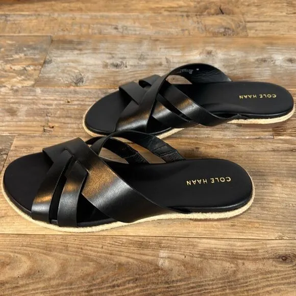 Brand New Cole Haan Black Leather Crossover Slides Sandals - Size 7