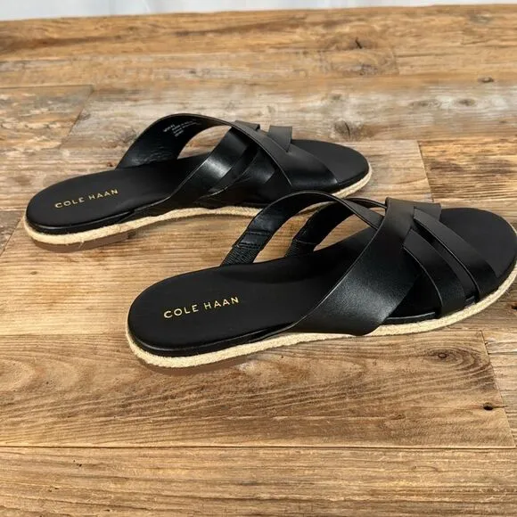 Brand New Cole Haan Black Leather Crossover Slides Sandals - Size 7