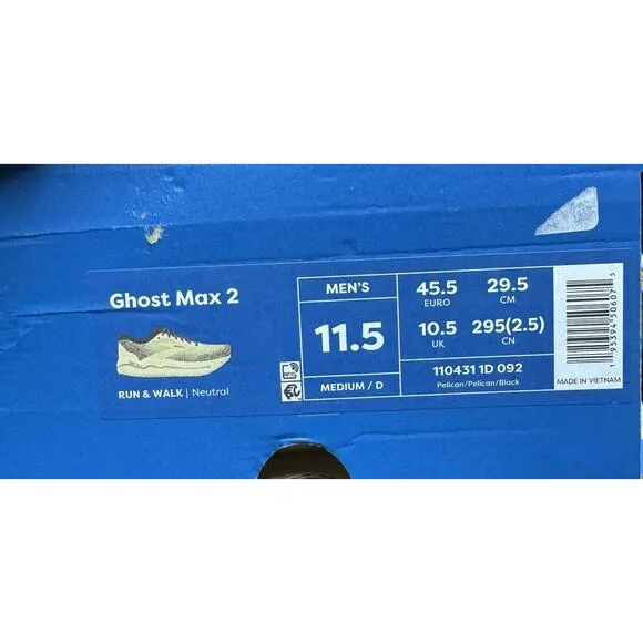 Brand New Men Brooks Ghost Max 2 Pelican Tan Beige Running 1104311D092 Size 11.5