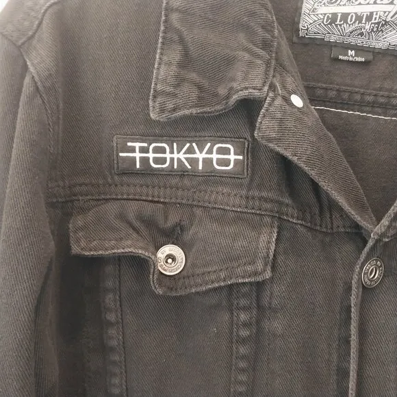 Brooklyn Cloth Jacket Mens Medium Toyko Embroidered Roses Black Denim Graphic