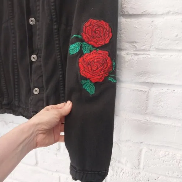 Brooklyn Cloth Jacket Mens Medium Toyko Embroidered Roses Black Denim Graphic