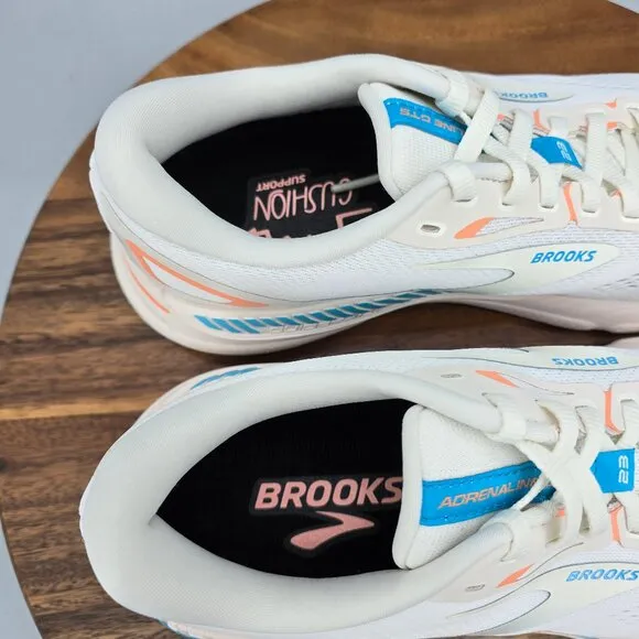 Brooks Adrenaline GTS 23 Shoes Women's 9.5 B White Papaya Blue Running Sneakers