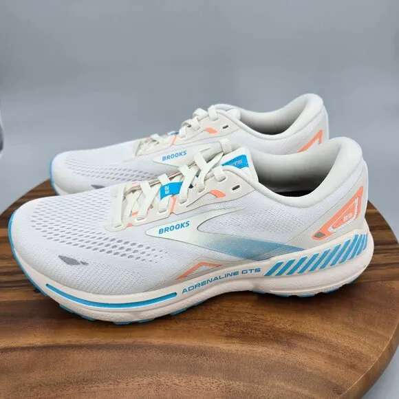 Brooks Adrenaline GTS 23 Shoes Women's 9.5 B White Papaya Blue Running Sneakers