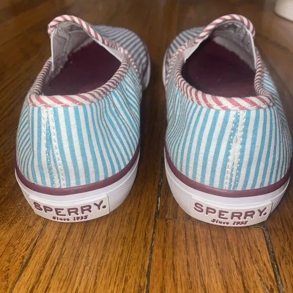 Brooks Brothers Sperry White Multi Striped Canvas Slip On Sneakers, 8
