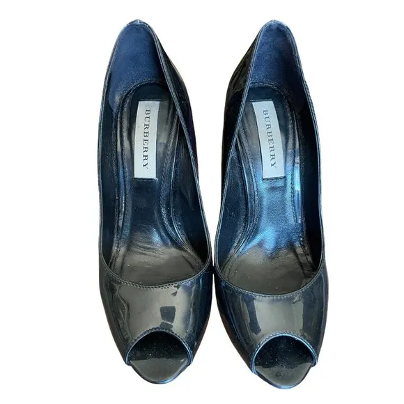 Burberry Black Patent Peep Toe Heels Size 35.5