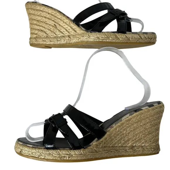 Burberry Espadrille Wedge Buckle Patent Leather Sandals Shoes
