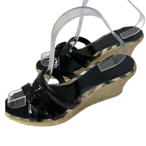 Burberry Espadrille Wedge Buckle Patent Leather Sandals Shoes