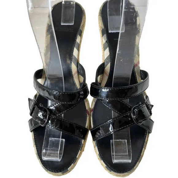 Burberry Espadrille Wedge Buckle Patent Leather Sandals Shoes