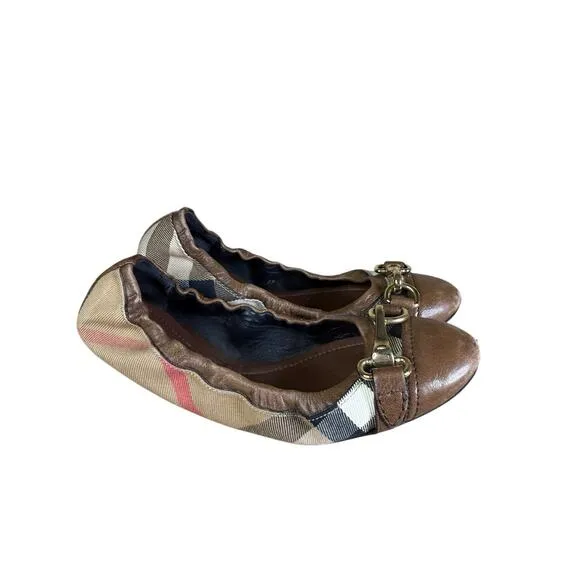 Burberry Heritage House Check Shipley Elastic Ballerina Flats Leather Canvas 37
