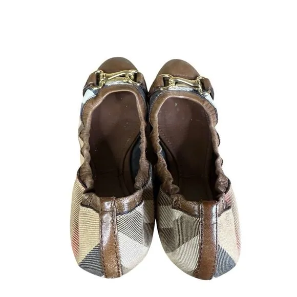 Burberry Heritage House Check Shipley Elastic Ballerina Flats Leather Canvas 37