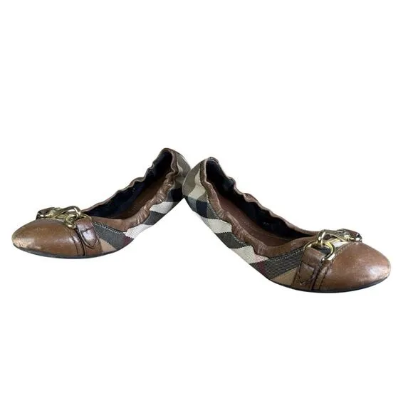 Burberry Heritage House Check Shipley Elastic Ballerina Flats Leather Canvas 37