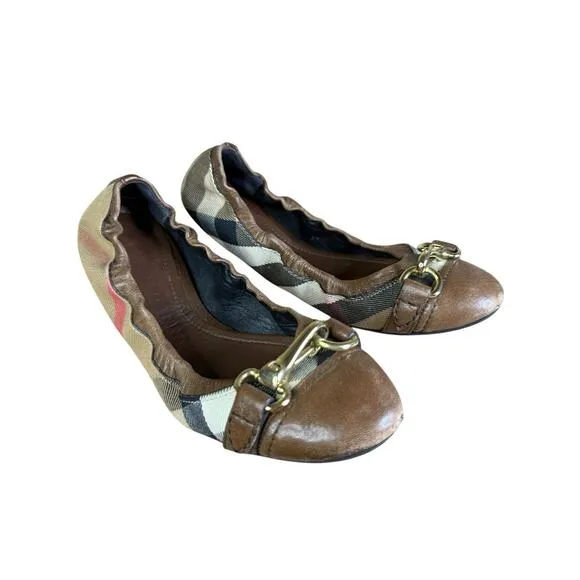 Burberry Heritage House Check Shipley Elastic Ballerina Flats Leather Canvas 37