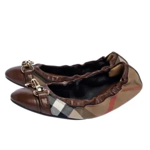 Burberry Heritage House Check Shipley Elastic Ballerina Flats Leather Canvas 37