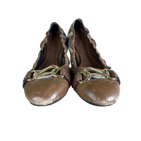 Burberry Heritage House Check Shipley Elastic Ballerina Flats Leather Canvas 37