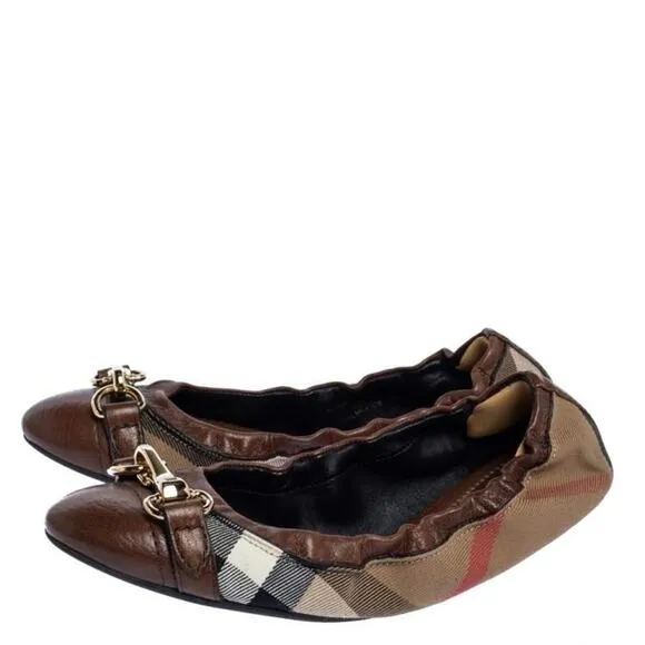 Burberry Heritage House Check Shipley Elastic Ballerina Flats Leather Canvas 37