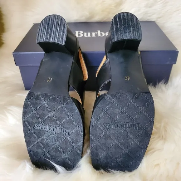 Burberry Plaid Canvas Black Leather Chunky Heels Sandals Shoes 6.5 or 7