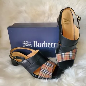 Burberry Plaid Canvas Black Leather Chunky Heels Sandals Shoes 6.5 or 7