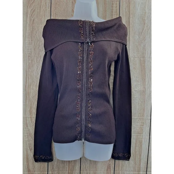 Cache Cardigan Sweater Women's M Brown Knit Beaded Off Shoulder Y2k Vintage
