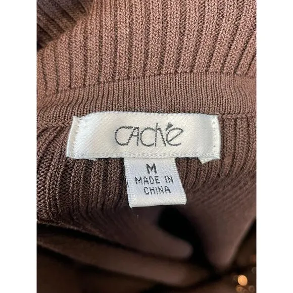 Cache Cardigan Sweater Women's M Brown Knit Beaded Off Shoulder Y2k Vintage