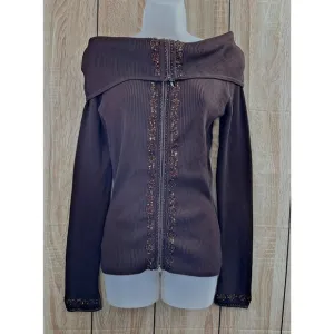Cache Cardigan Sweater Women's M Brown Knit Beaded Off Shoulder Y2k Vintage