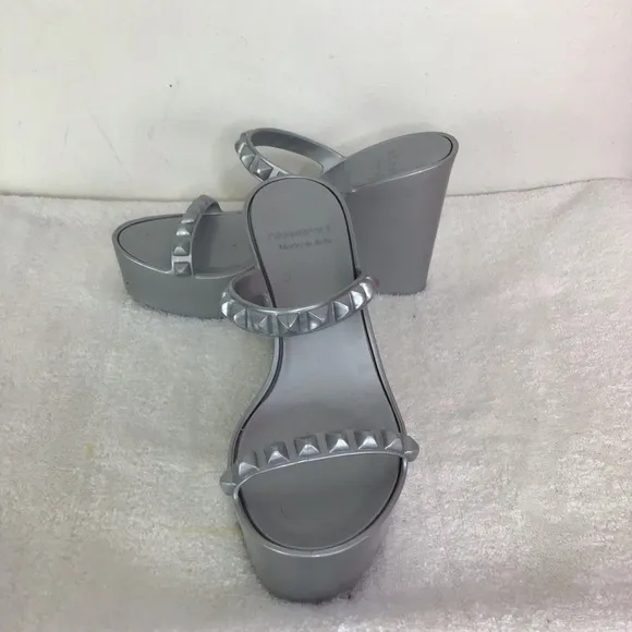CARMEN SOL TONINO  WOMEN  LIGHT SILVER ITALIAN PVC MADE 2 STRAP WEDGE SANDALS 10