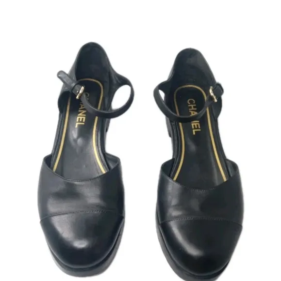 Chanel Mary Jane Black Leather Flats Women's Shoes Size 41 C Vintage
