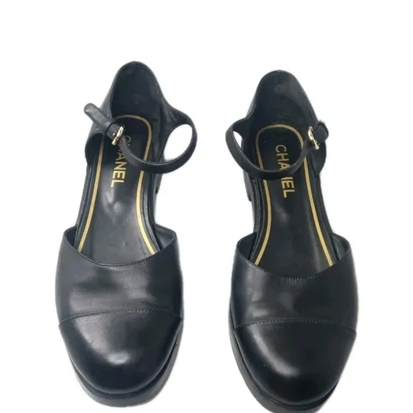Chanel Mary Jane Black Leather Flats Women's Shoes Size 41 C Vintage