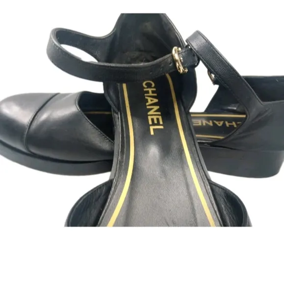 Chanel Mary Jane Black Leather Flats Women's Shoes Size 41 C Vintage