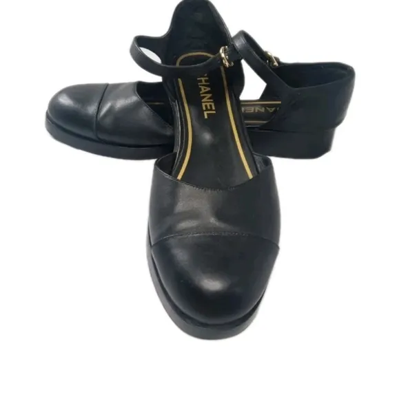 Chanel Mary Jane Black Leather Flats Women's Shoes Size 41 C Vintage